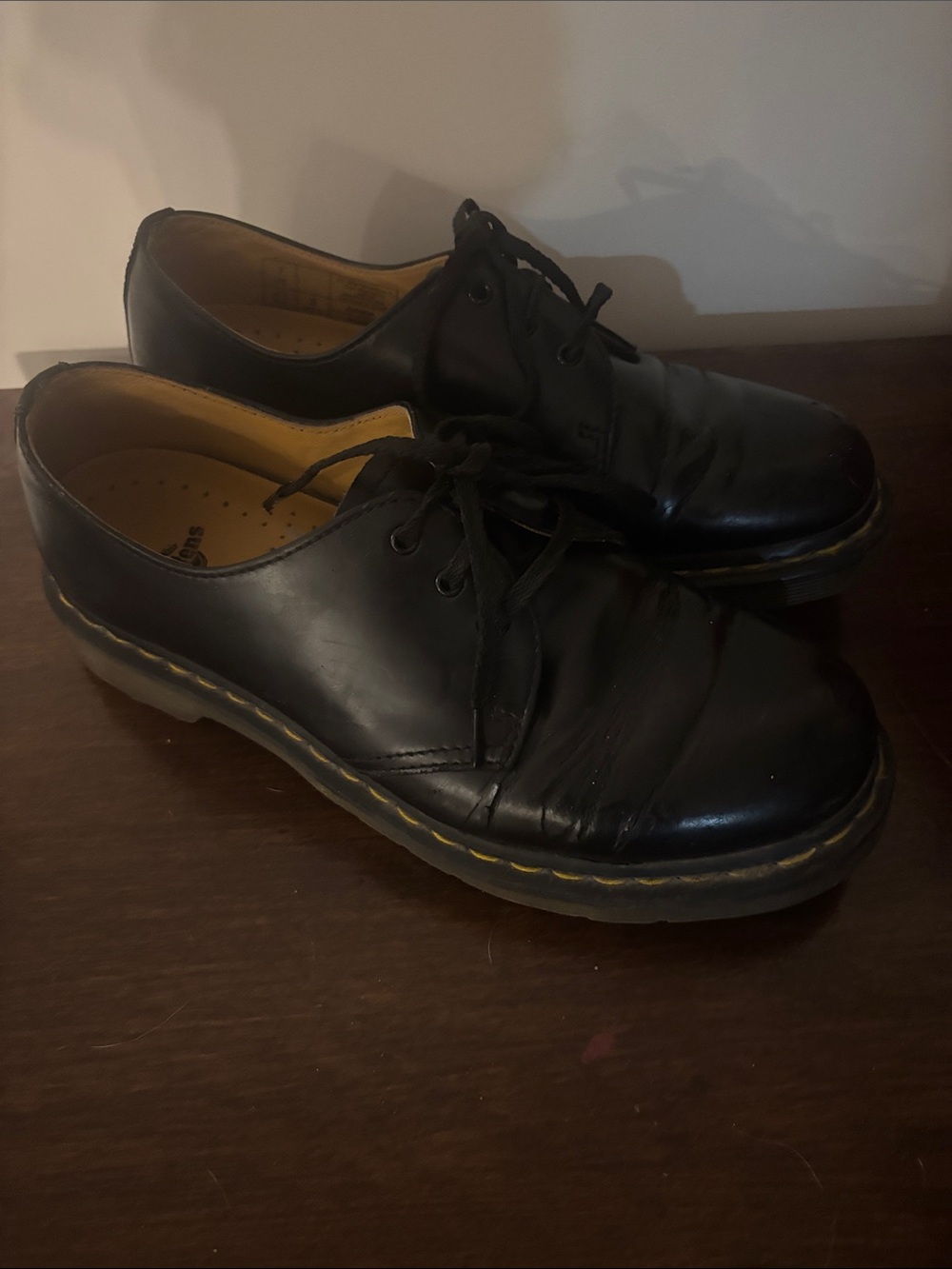 Dr. Martens Black Leather Derby Oxfords with Yellow Stitching